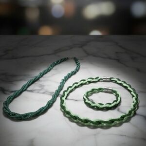 2 Green Mesh & Crystal Necklaces & 1 Bracelet Bundle Of 3